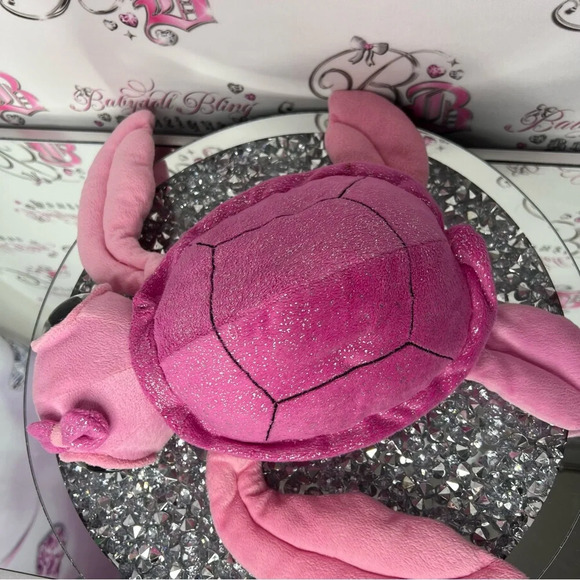 Big eyed pink sea turtle sparkly adorable bow tie on head plush  stuffed toy - Picture 13 of 14